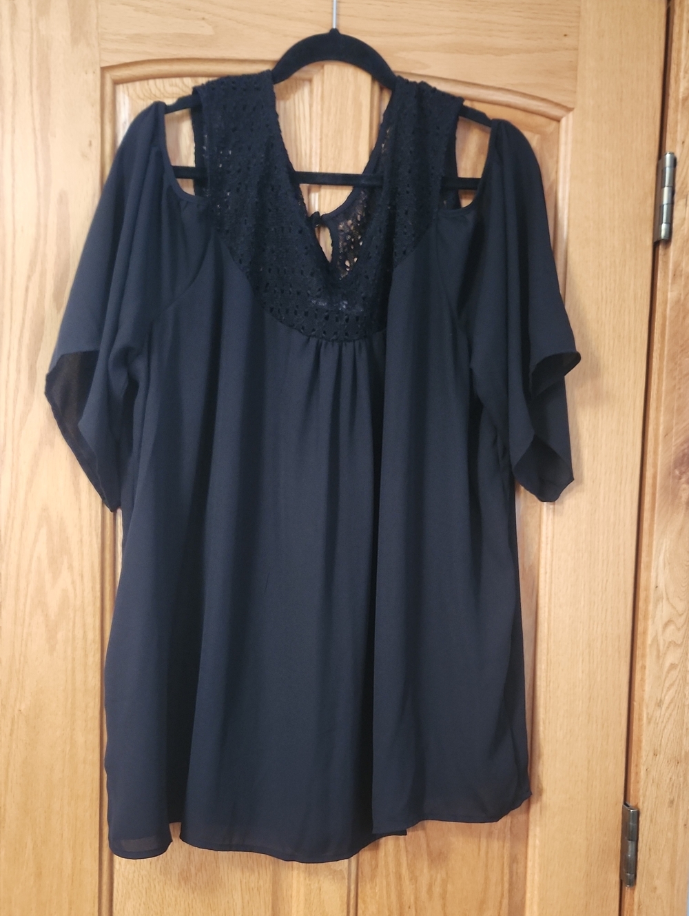 Cold-Shoulder Crochet Yoke Tunic - Black